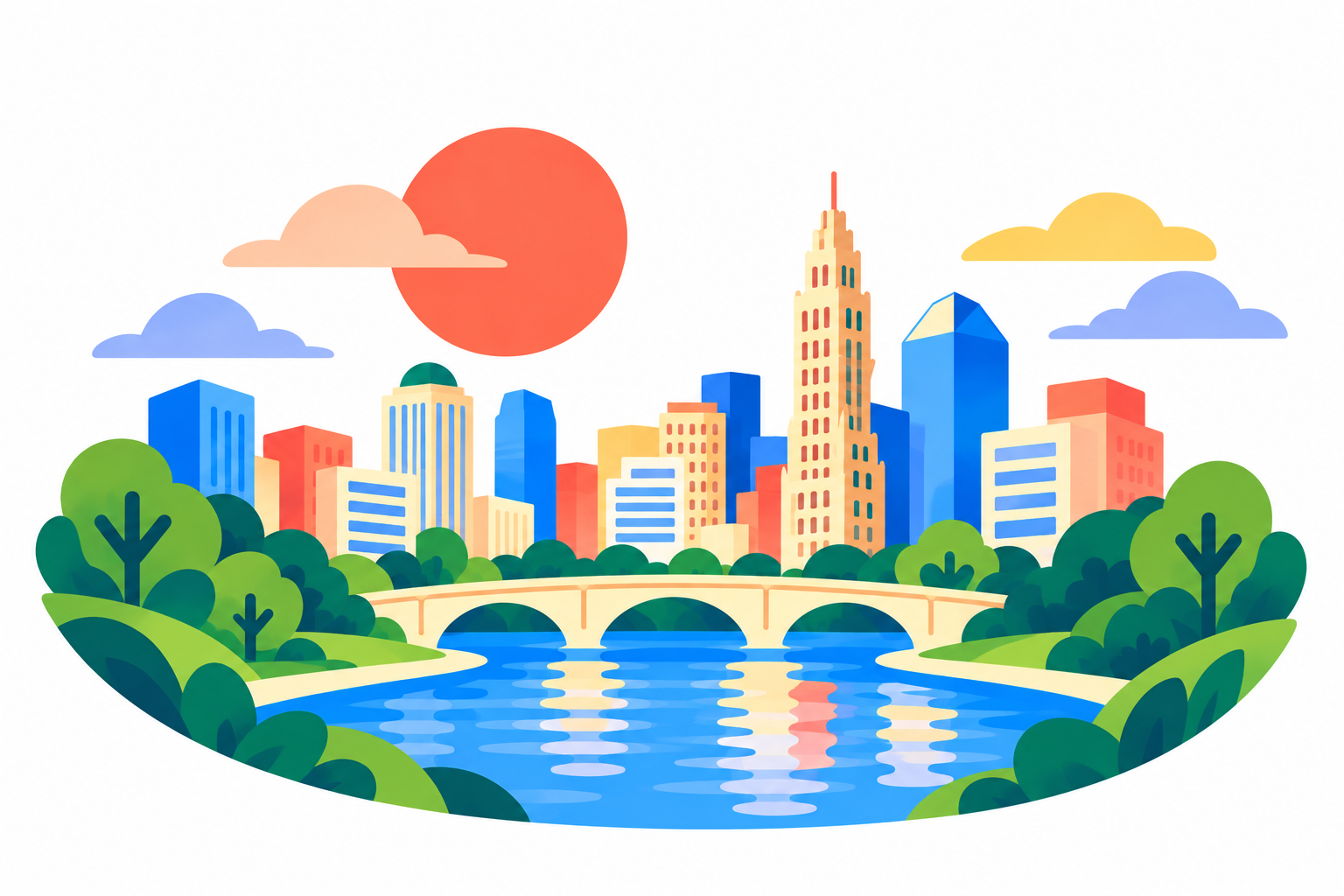 Bright illustrated view of the Columbus skyline and Scioto River