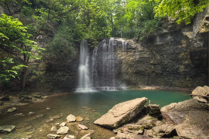Hayden Falls flowing over a broad rock ledge