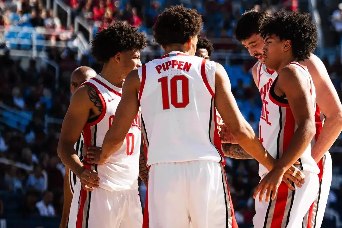 Ohio State basketball players huddle together during a game